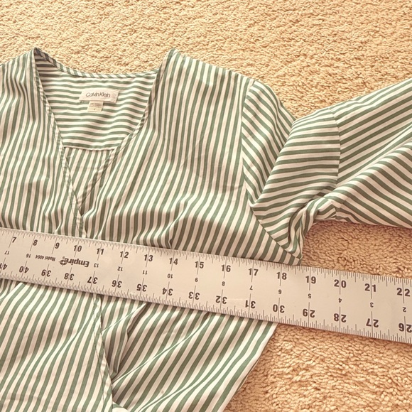 Calvin Klein Women's 4 Striped Bell Sleeve Cotton Wrap Dress Pockets Green White - Picture 11 of 12